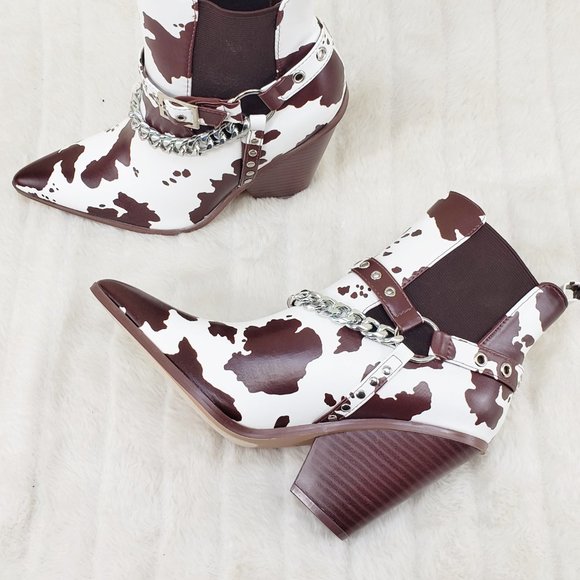 Demitri Brown White Cow Print Western Cowgirl Pull On Ankle Boot - Picture 12 of 13